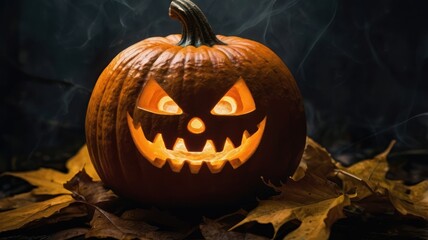 Illuminated jackolantern with a menacing grin surrounded by fall leaves against a smoky background