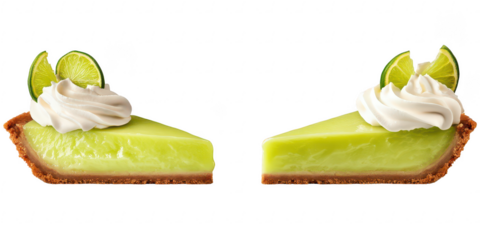Two key lime pie slices with topping on transparent png background