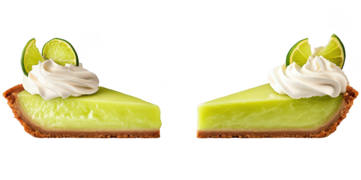 Two key lime pie slices with topping on transparent png background