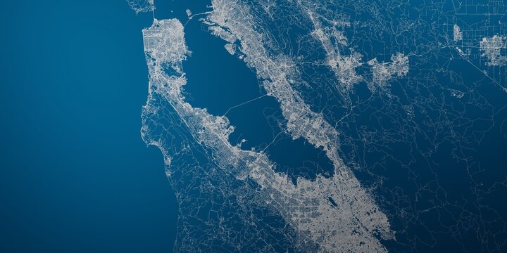 Bay Area (California, USA) street map. The style of the map is blue lights