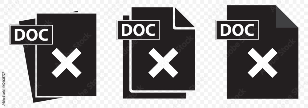 Poster set of doc file icons with x mark – document error symbols.