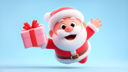 Merry Christmas. Cute, funny and cheerful Santa Claus happily runs hurries forward with a gift in his hands on a blue background. Funny cartoon Santa Claus