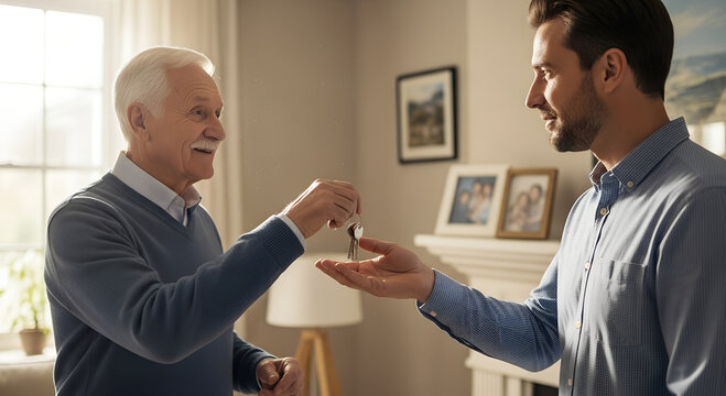 Elderly man giving house keys to son. Concept of inheritance, trust, family values and responsibility.