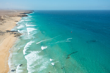 Aerial View of Playa del Castillo, Fuerteventura with Kitesurfers
