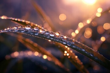 Water droplets cling to a leaf sparkling with reflected light against a blurred background