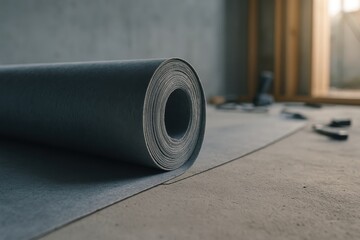 A large roll of underlayment unrolling across a concrete floor during flooring installation in a building interior