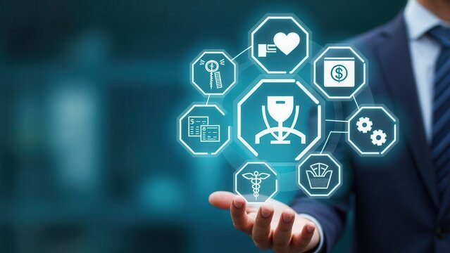 Employee Benefits and Compensation Strategy Concept. Businessman presents employee benefits options on a digital interface. Icons various benefits such as healthcare, insurance.