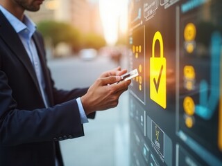 Secure Online Payment Transaction Process concept. Businessman confirming secure online payment using credit card through digital interface with verification tick symbol. Internet.