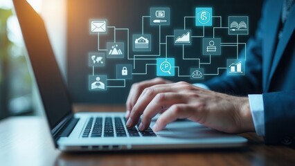 Analyzing ROI and Business Strategy Concepts. Businessman working on a laptop with various digital icons representing ROI, financial strategies, return on investment, and efficiency capital return.