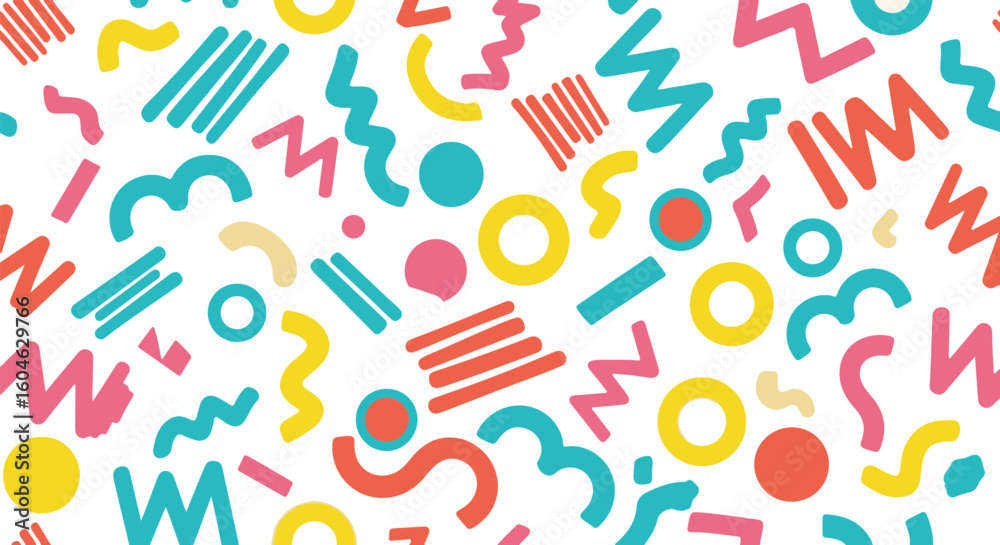 Poster colorful abstract memphis style shapes and patterns isolated on transparent background