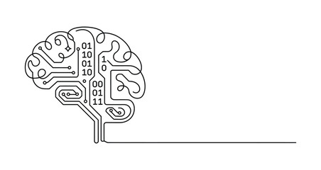 digital brain with binary code and circuit lines, ai neural network and cyber intelligence concept illustration on white background