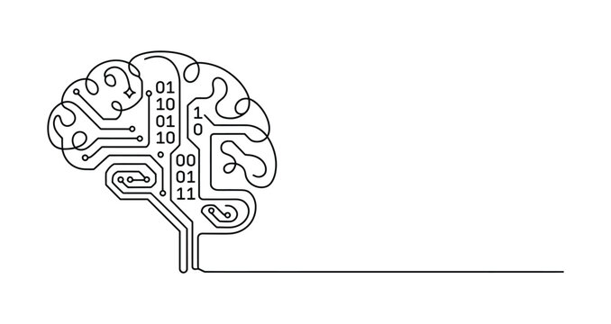 digital brain with binary code and circuit lines, ai neural network and cyber intelligence concept illustration on white background
