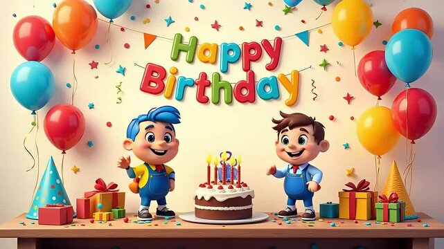 Vibrant happy birthday celebration with balloons, cake, and presents for joyful event