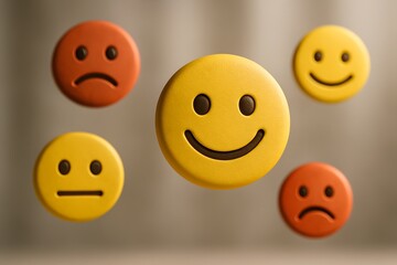 Smiley face emojis showcasing different emotions. This image is ideal for conveying the spectrum of feelings. The emojis show the feeling, smiling, neutral, and sad