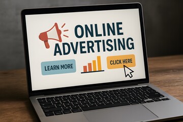 A laptop screen displaying the words Online Advertising with interactive buttons. This scene evokes the digital realm of marketing