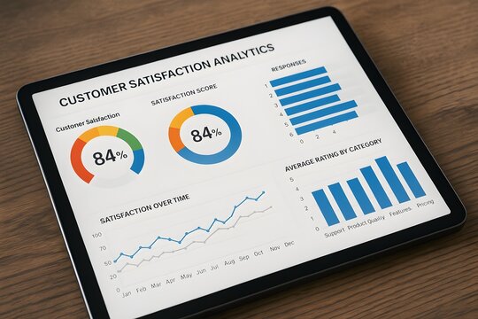 A close-up of a tablet displaying a customer satisfaction analytics dashboard, with graphs and charts, demonstrating data insights and performance analysis