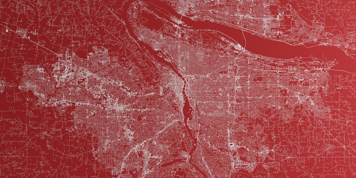 Portland (Oregon, USA) street map. The style of the map is red paper