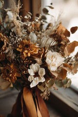 Close-up of brown wedding bouquet with dried flowers and eucalyptus in natural sunlight