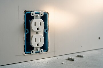 Standard dual electrical outlet mounted in blue junction box inside drywall showing progress of interior electric work