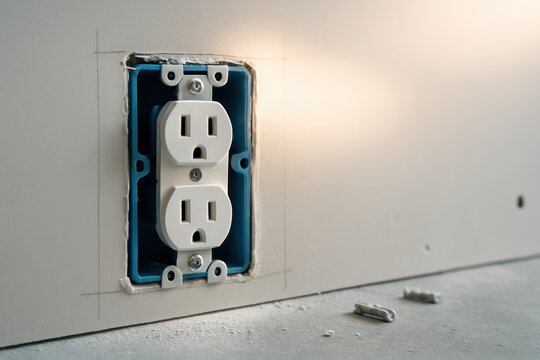 Standard dual electrical outlet mounted in blue junction box inside drywall showing progress of interior electric work