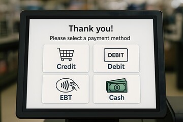 A Point of Sale (POS) system screen displays the message Thank you! Please select a payment method. It showcases four payment options: credit, debit, EBT, and cash.