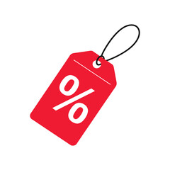 red discount price tag icon with percentage symbol on white background, flat vector label representing sale, offer, promotion and retail