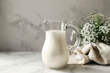 Glass jug filled with fresh milk on marble table