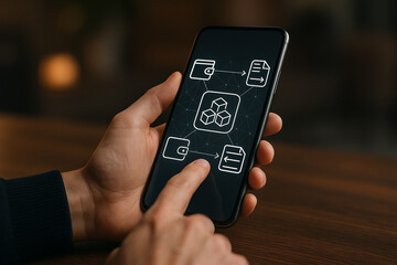 Exploring Blockchain Technology on Mobile for Future Growth. This image shows a person using a smartphone to interact with a blockchain interface, featuring wallets and data transfers.