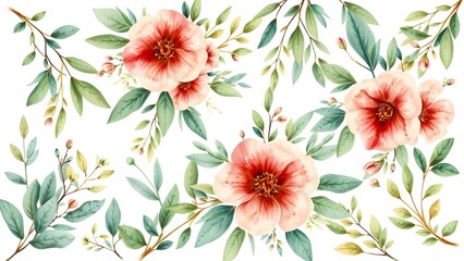 Watercolor floral illustration set - flower and green gold leaf branches bouquets collection, for wedding stationary, greetings, wallpapers, fashion, background. Eucalyptus, olive, green leaves