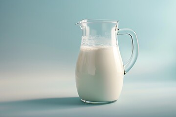 Glass pitcher full of fresh milk on a gradient background