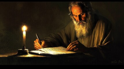Apostle Paul composing letters in a dimly lit prison cell.