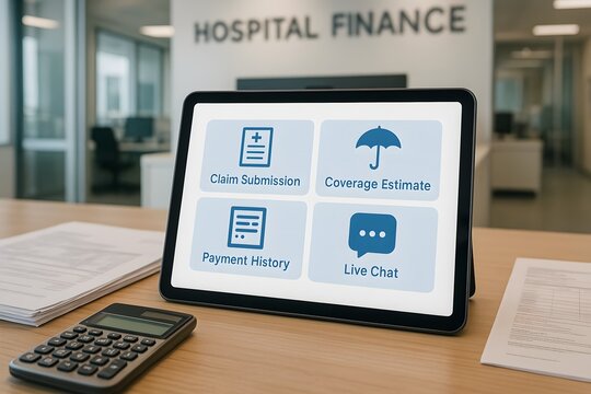 A digital tablet displaying health insurance services in a hospital setting
