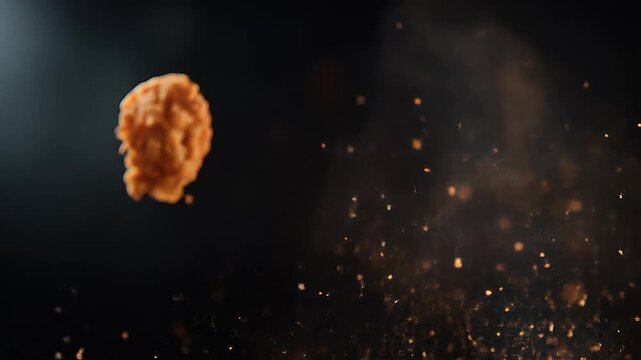Fried chicken piece landing in black background with spice particles