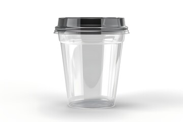 Empty plastic cup with lid standing on white background