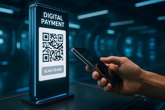Digital payment with smartphone scanning QR code on screen.