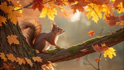 A cute brown red squirrel with a fluffy tail is eating a nut on a tree branch in the wild park nature in autumn