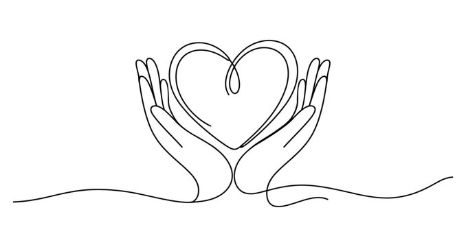 single line art of hands holding heart shape, minimalist continuous drawing symbolizing care, love, compassion, support and protection