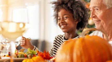 Granddaughter and grandfather smiling at a festive autumn dinner table