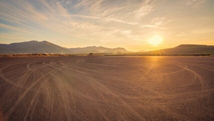 Golden sunset over tire tracks in open field