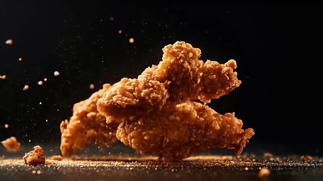 Crispy fried chicken chunks dropping in slow motion with crunchy detail