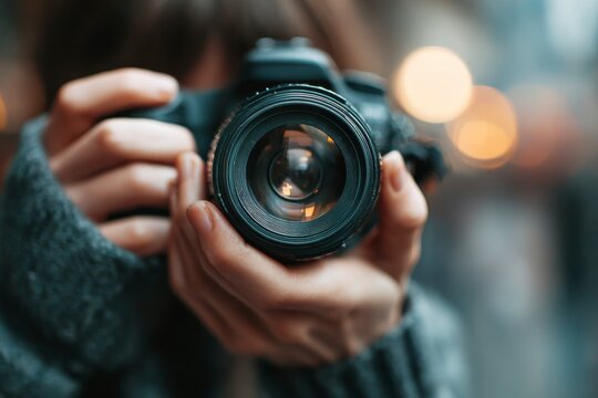 A close-up shot of a person holding a camera, focusing on the lens with a blurred background and warm bokeh lights.