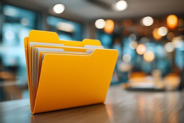 A set of yellow file folders neatly arranged on a wooden desk with a blurred office background featuring warm lights.