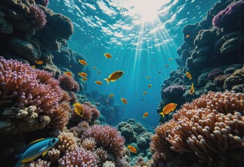 Fototapeta premium Vibrant underwater scene showcasing colorful coral reefs and tropical fish