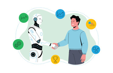 humanoid robot shaking hands with human surrounded by tech icons — vector illustration symbolizing artificial intelligence and teamwork