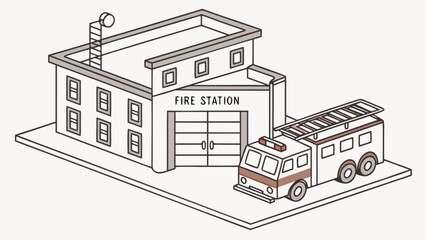 Fire station building with truck vector illustration for emergency services and community safety design needs