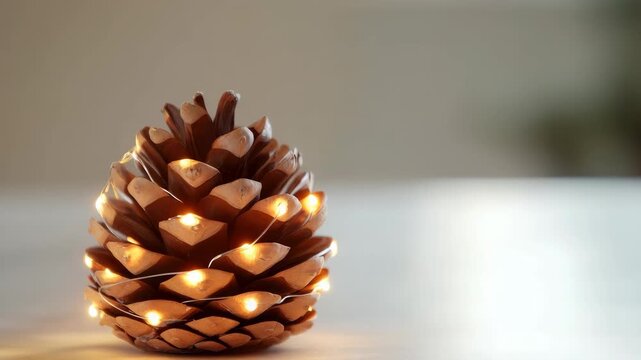 Illuminated pinecone decoration on white surface