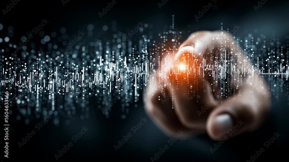 Poster hand pointing at glowing digital data visualization with futuristic technology and innovative glowin
