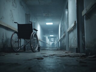 Wheelchair in a dark, abandoned corridor; for thriller story, hospital scene usage