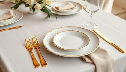 Beige & white ceramic plates, gold cutlery, linen napkins on a wedding table setting,  romantic,  luxury