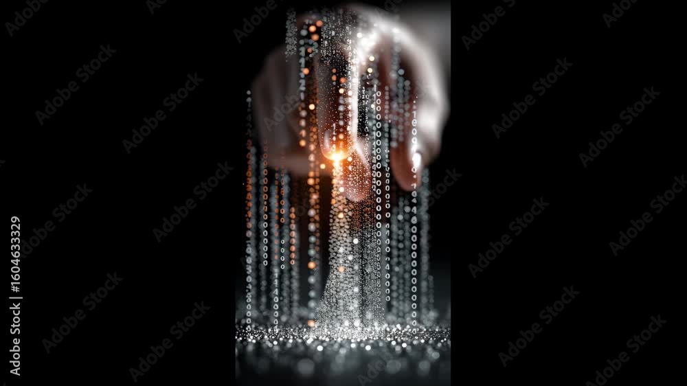 Poster futuristic glowing digital data and binary code with hand interaction creating dynamic technology co